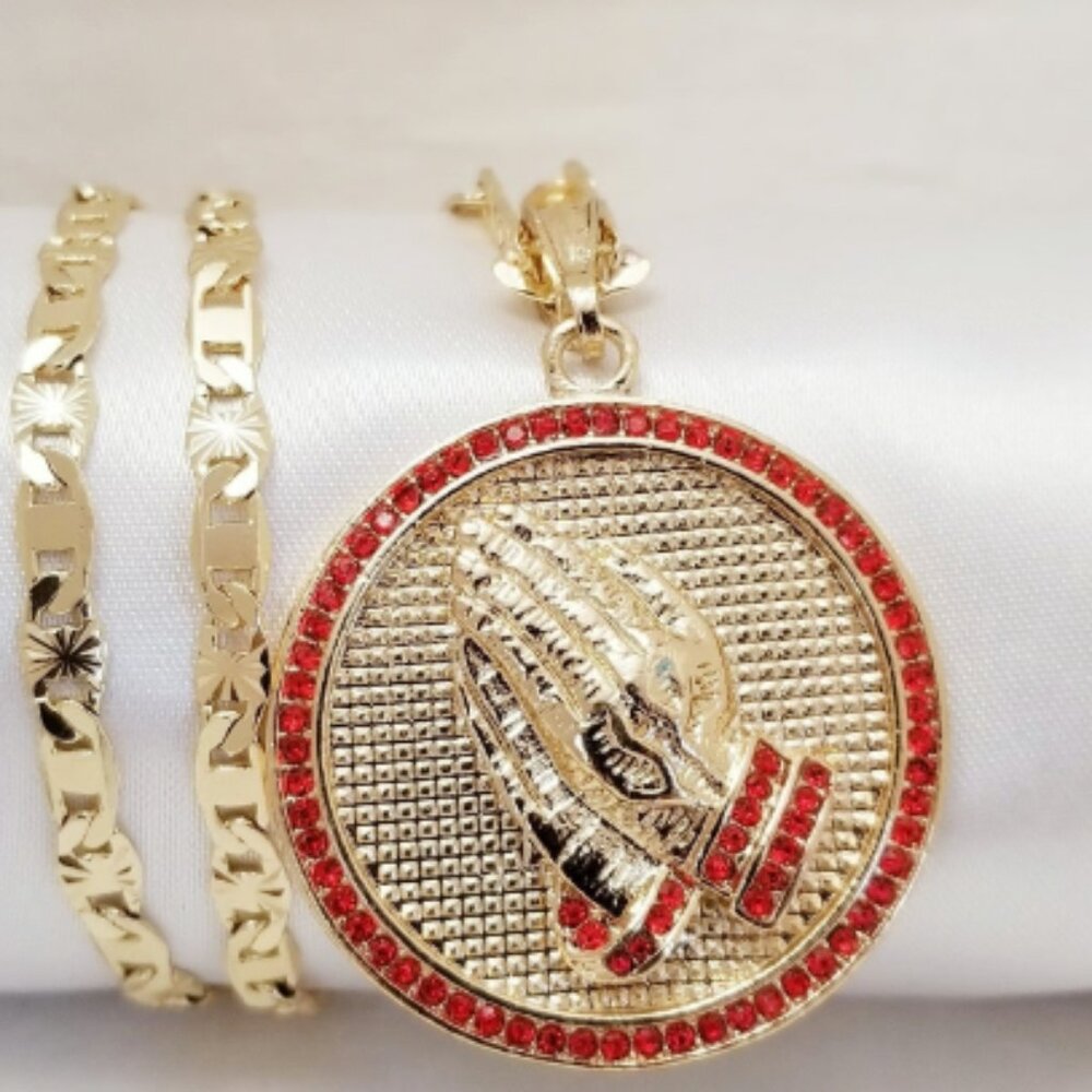 Brand New: Praying Hands Men's Necklace. 14K Gold Plated.